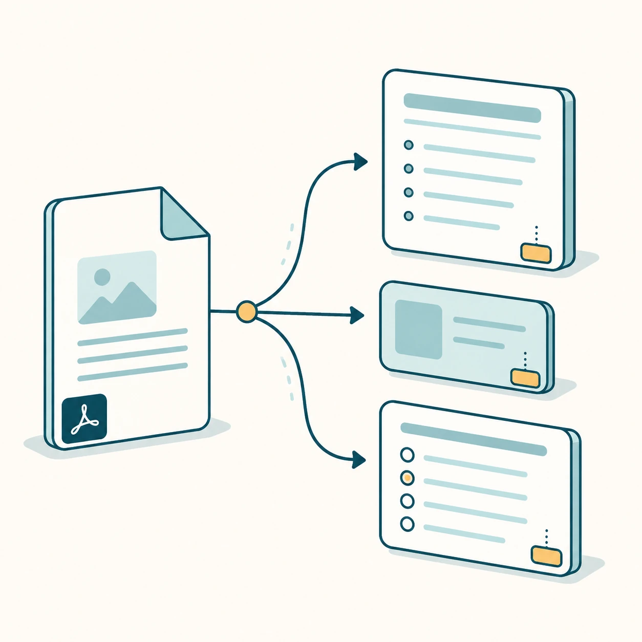 Focused student using PDF Notes AI as PDF pages turn into notes, flashcards, quiz cards, and page references